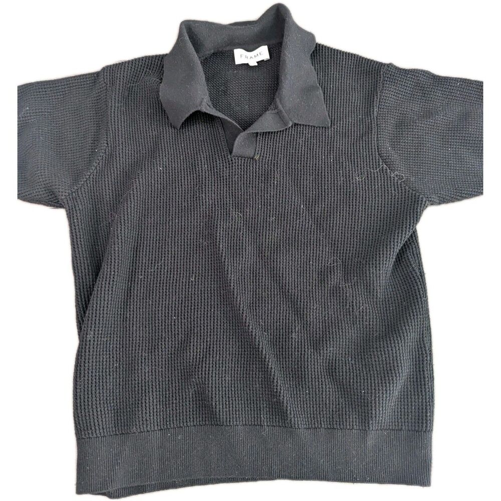 Frame Open Weave Wool-Blend Polo Sweater Men's Black Resort Wear Date Night‎